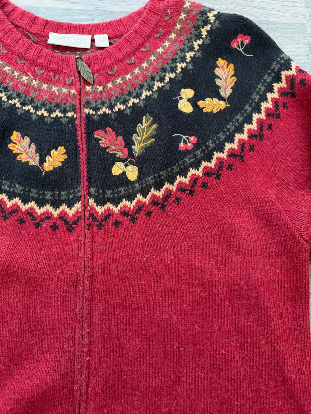 croft & barrow Medium Red Zip-Front Autumn Fall Sweater Cardigan with Leaves - Picture 2 of 5